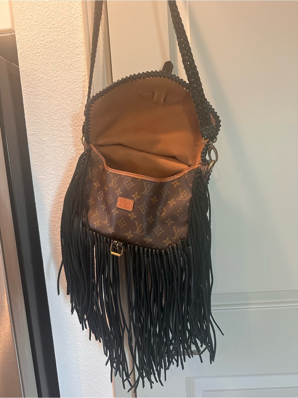 Brown Monogram Fringe Shoulder Bag with Braided Strap